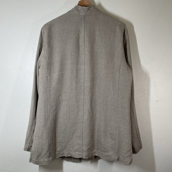 Eileen Fisher 100% Linen Open Front Collarless Jacket Natural Tan Beige Large - Picture 2 of 11